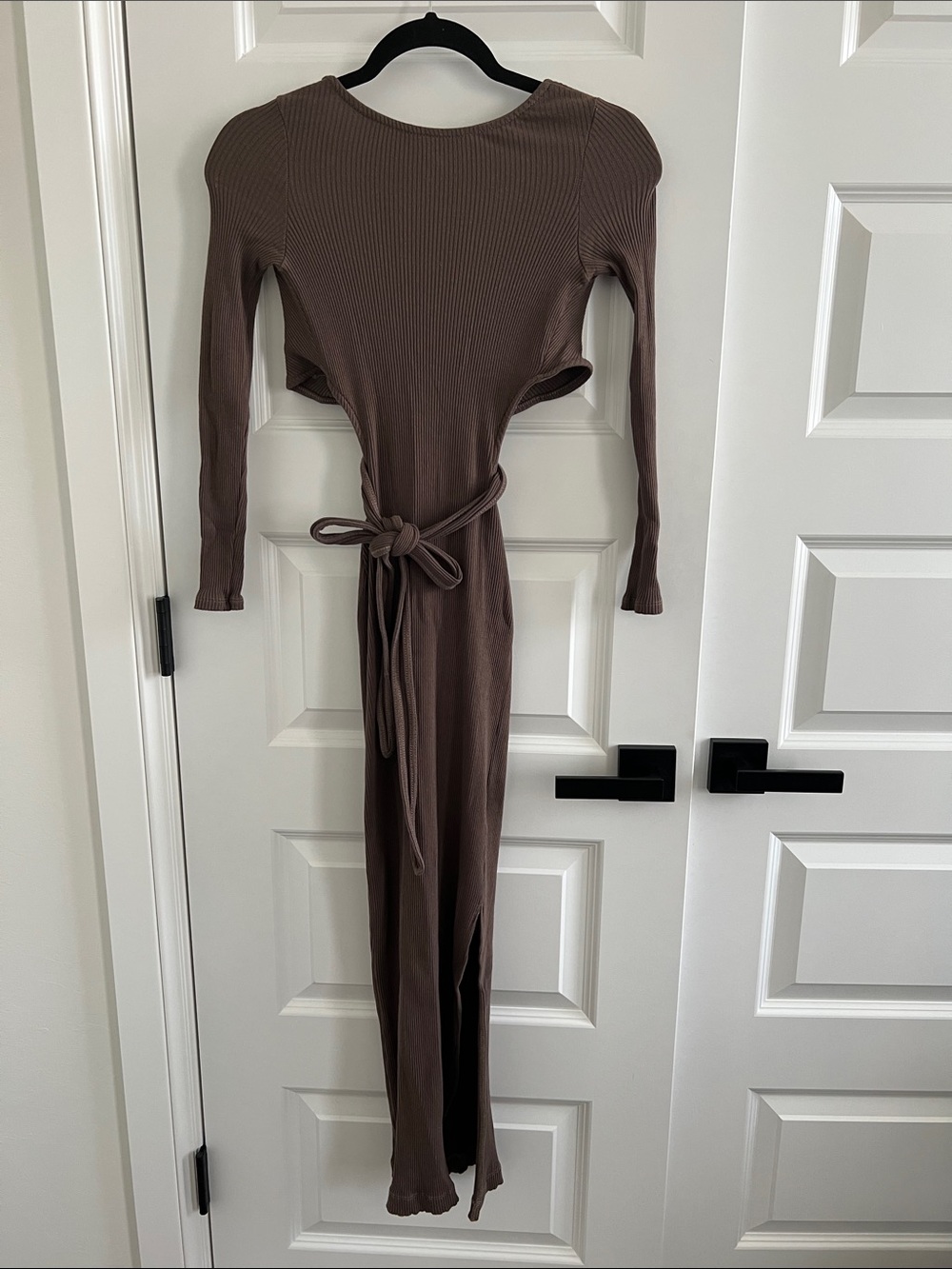 Brown Ribbed Long-Sleeve Wrap Midi Dress
